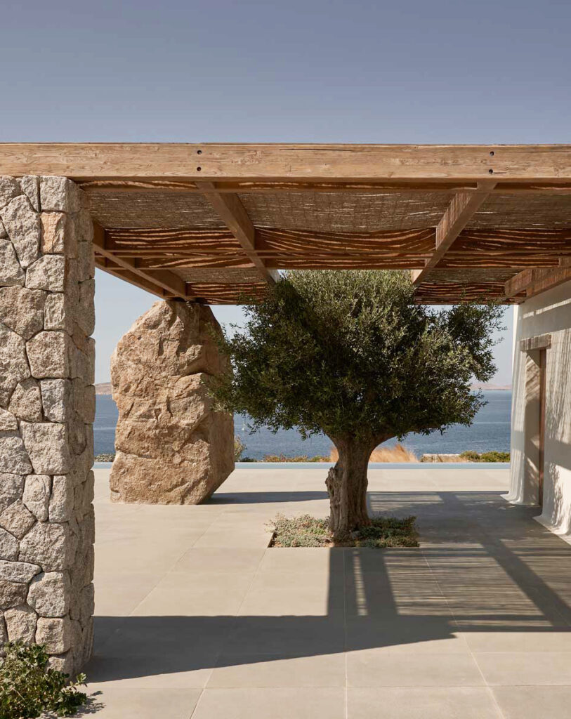 A chestnut pergola is created around an olive tree at Villa Mandra: A Summer Home In Mykonos, Greece.