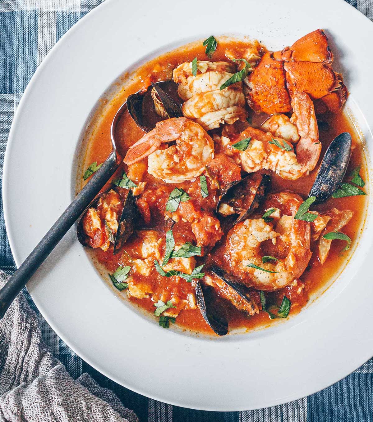A large bowl of Fra Diavolo seafood stew, a tomato based stew with mounds of shrimp, mussels, calamari, and lobster tails.