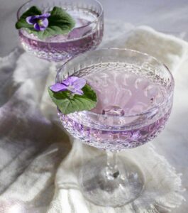 Two cut crystal coupe glasses with a bright clear purple Aviation cocktail garnished with violets from the garden.