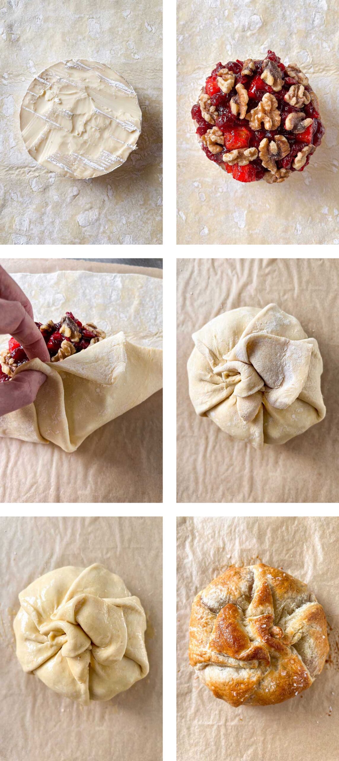 Step-by-step pictures of the process of wrapping a brie cheese in puff pastry to make Brie En Croûte.