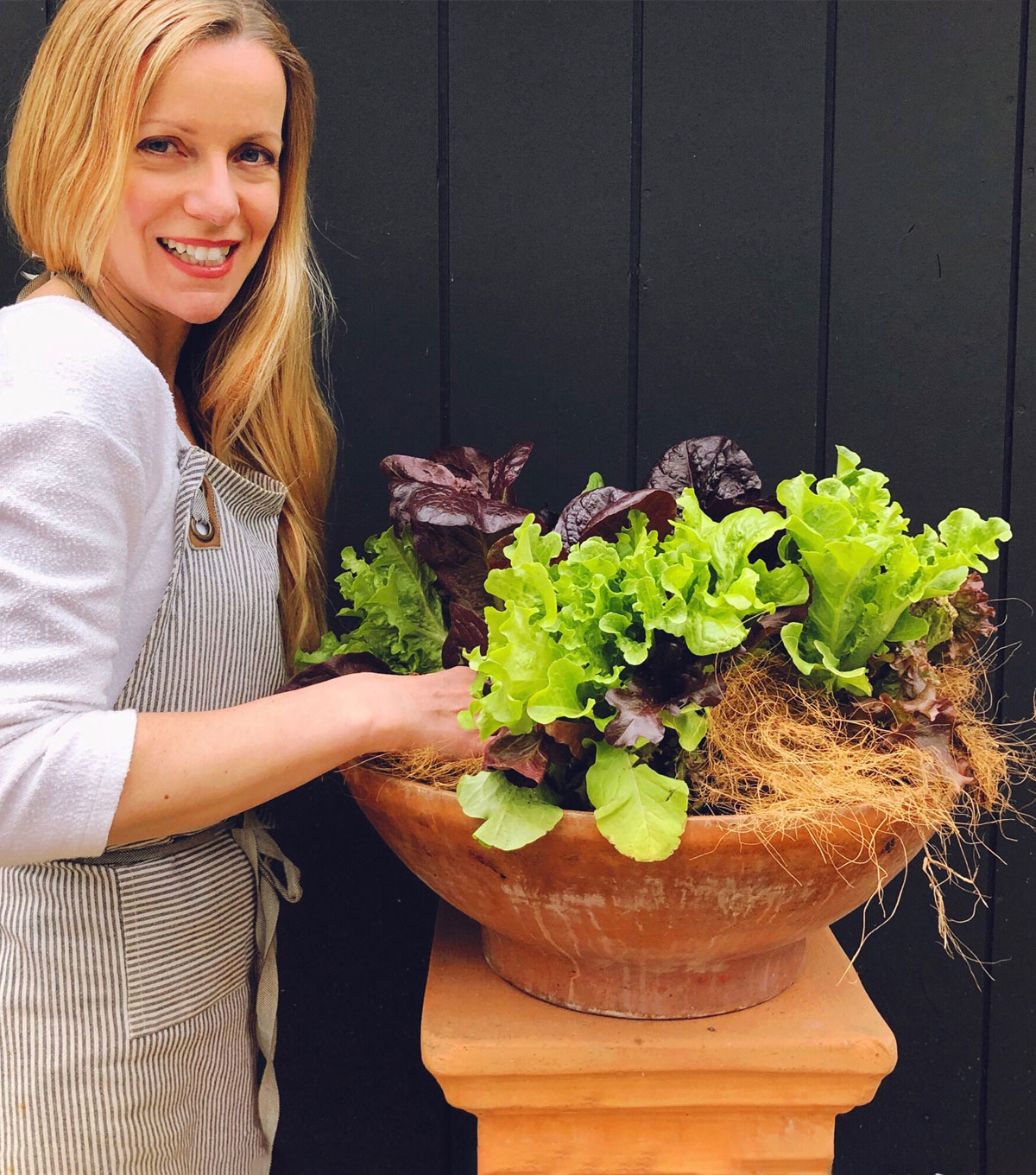 Joanna Revers growing salad greens in a terracotta pot