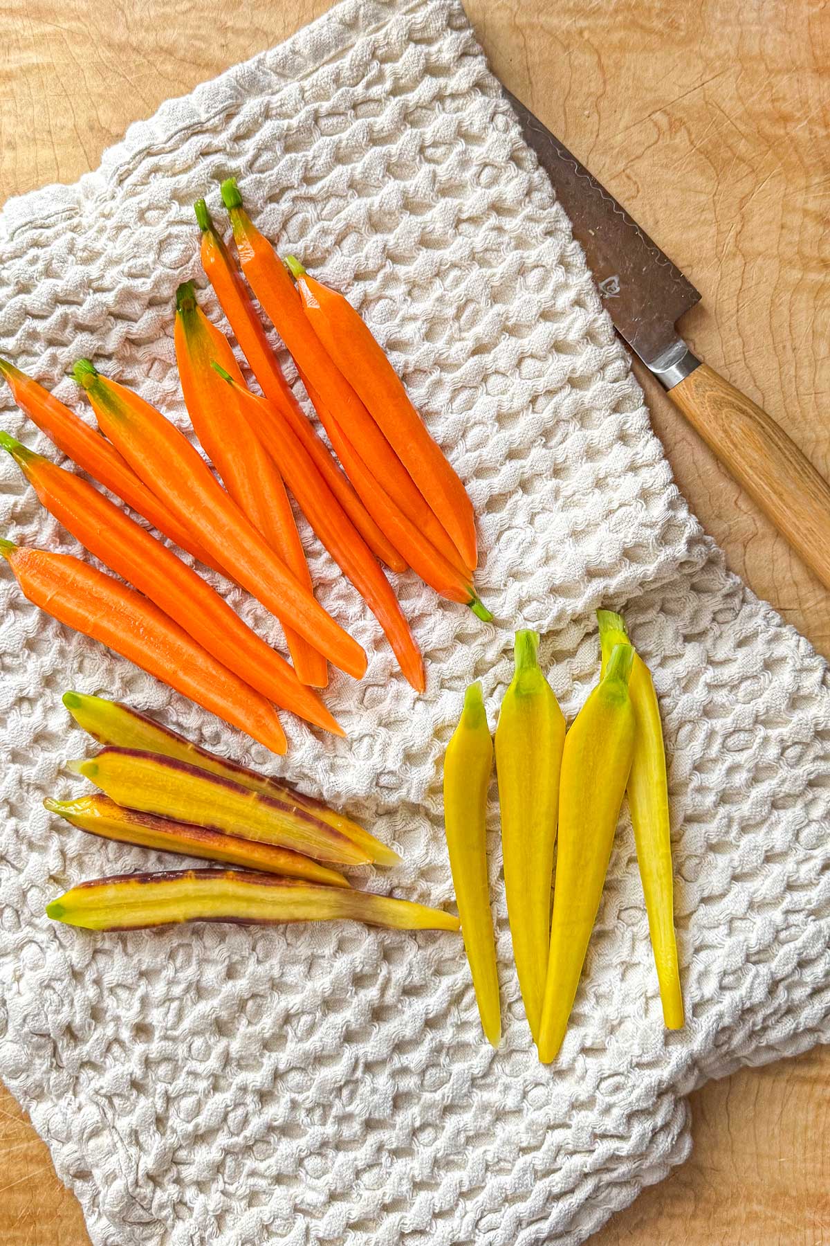 Blanched carrots drying after blanching for a crudite platter