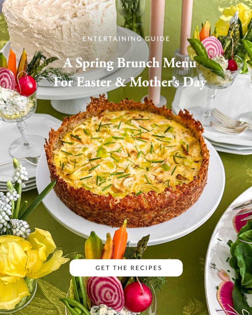 A table set with a spring brunch on a spring green tablecloth