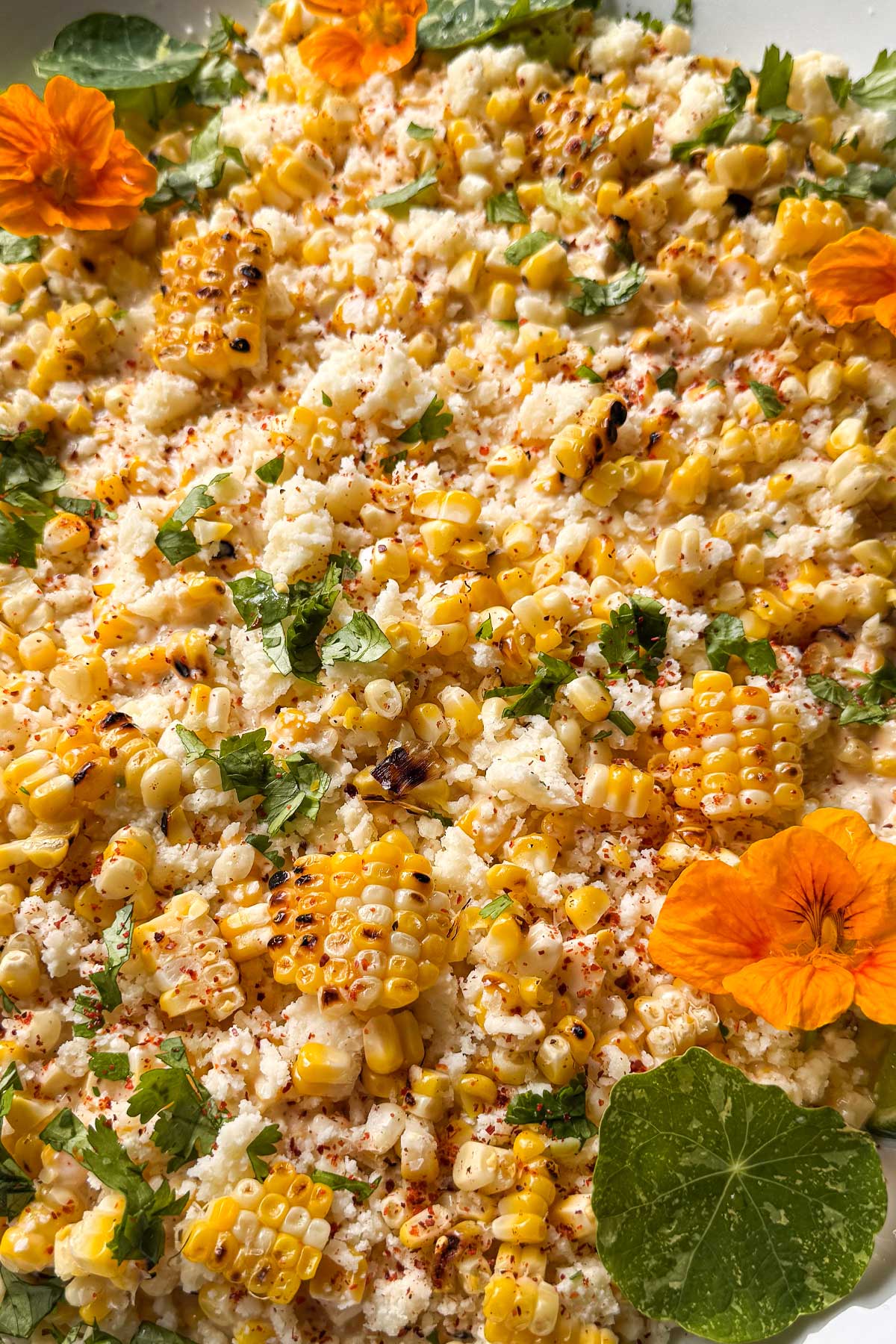 Elotรฉ corn dip with grilled corn, Cotija cheese, cilantro, lime, chile, and edible nasturtium flowers
